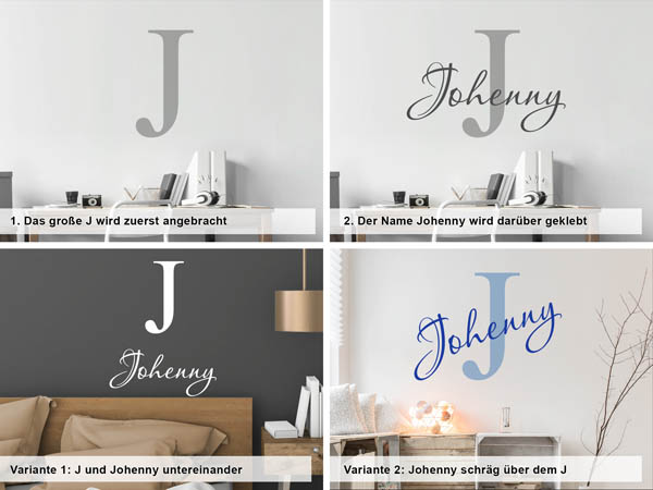 Verschiedene Anordnungen des Wandtattoos Johenny
