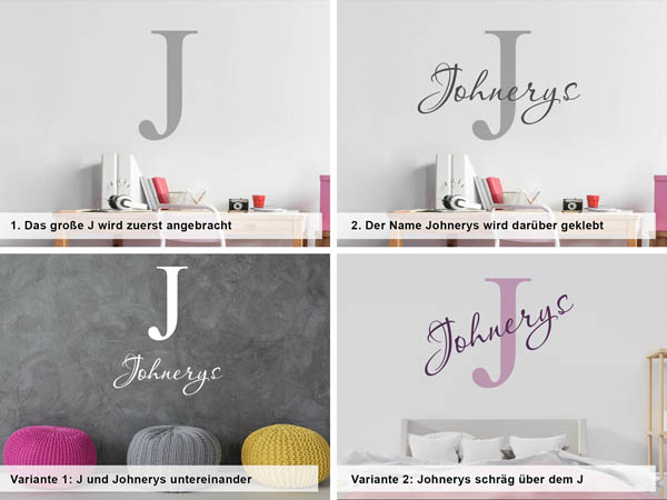 Verschiedene Anordnungen des Wandtattoos Johnerys