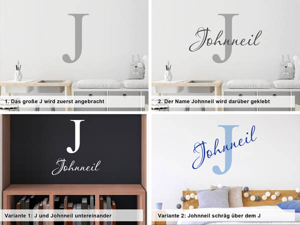 Verschiedene Anordnungen des Wandtattoos Johnneil