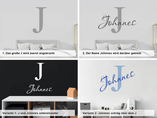 Verschiedene Anordnungen des Wandtattoos Johnnes