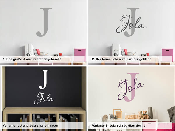 Verschiedene Anordnungen des Wandtattoos Jola