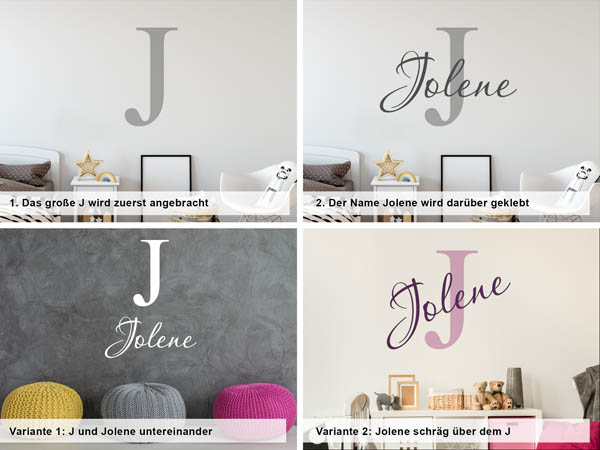 Verschiedene Anordnungen des Wandtattoos Jolene