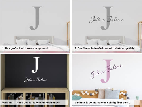 Verschiedene Anordnungen des Wandtattoos Jolina-Salome