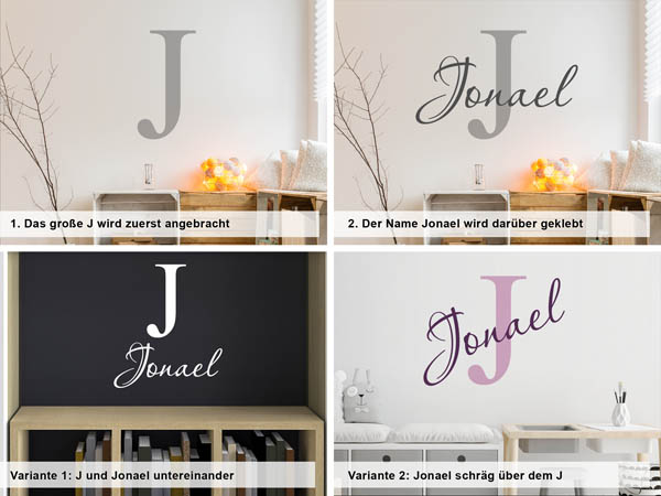 Verschiedene Anordnungen des Wandtattoos Jonael