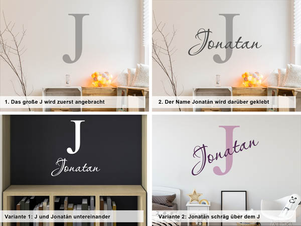 Verschiedene Anordnungen des Wandtattoos Jonatán