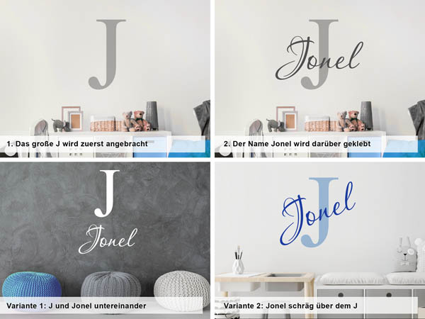 Verschiedene Anordnungen des Wandtattoos Jonel