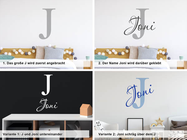 Verschiedene Anordnungen des Wandtattoos Joni