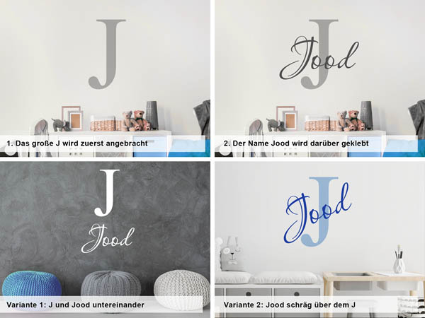 Verschiedene Anordnungen des Wandtattoos Jood