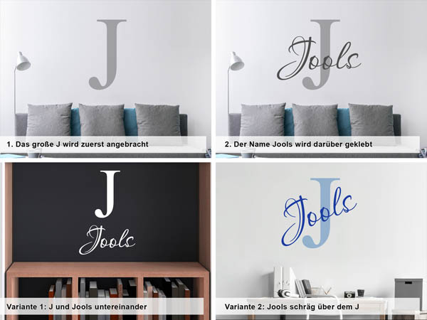 Verschiedene Anordnungen des Wandtattoos Jools