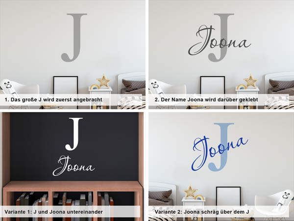 Verschiedene Anordnungen des Wandtattoos Joona