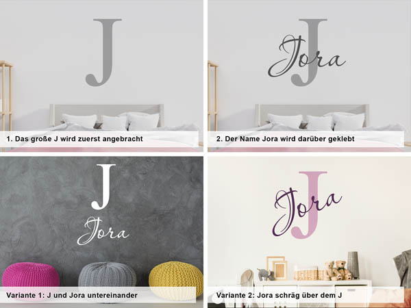 Verschiedene Anordnungen des Wandtattoos Jora