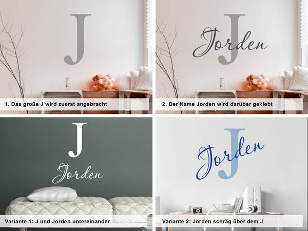 Verschiedene Anordnungen des Wandtattoos Jorden