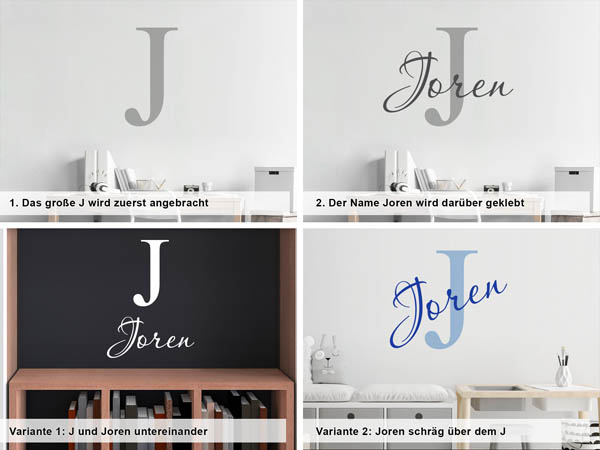 Verschiedene Anordnungen des Wandtattoos Joren