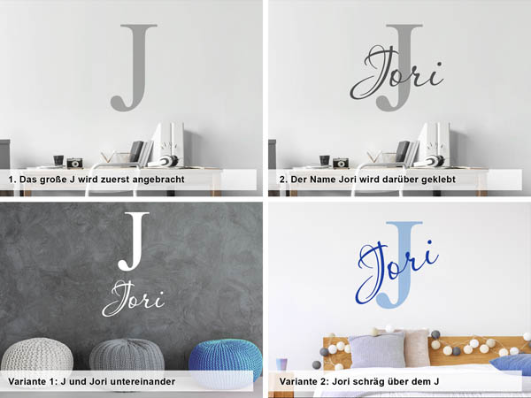 Verschiedene Anordnungen des Wandtattoos Jori