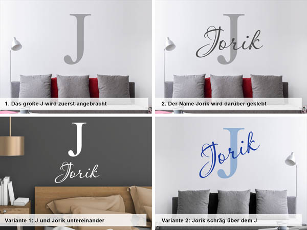 Verschiedene Anordnungen des Wandtattoos Jorik