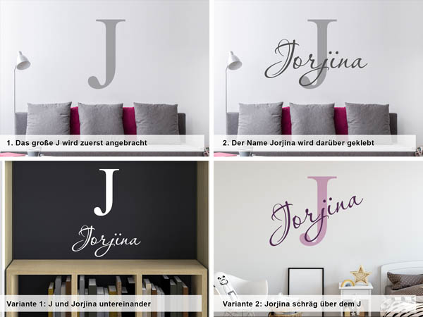 Verschiedene Anordnungen des Wandtattoos Jorjina