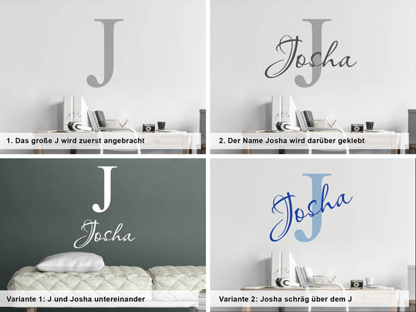 Verschiedene Anordnungen des Wandtattoos Josha