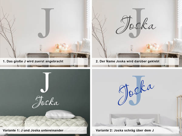 Verschiedene Anordnungen des Wandtattoos Joska