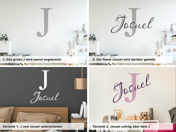 Verschiedene Anordnungen des Wandtattoos Josuel