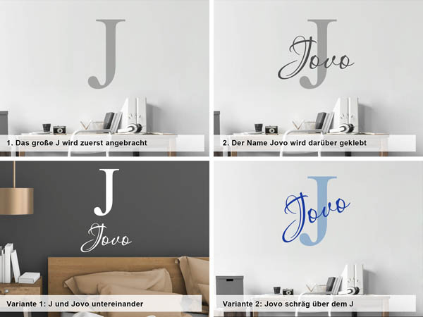 Verschiedene Anordnungen des Wandtattoos Jovo