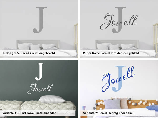 Verschiedene Anordnungen des Wandtattoos Jowell