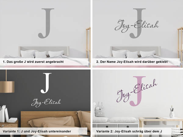 Verschiedene Anordnungen des Wandtattoos Joy-Elisah