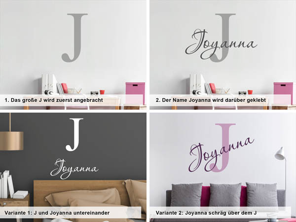 Verschiedene Anordnungen des Wandtattoos Joyanna