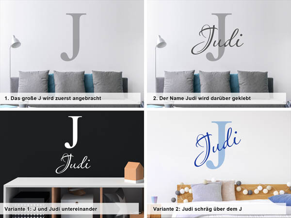 Verschiedene Anordnungen des Wandtattoos Judi