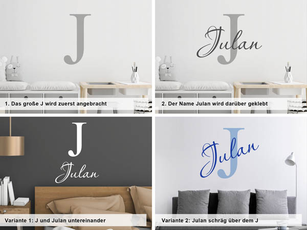 Verschiedene Anordnungen des Wandtattoos Julan