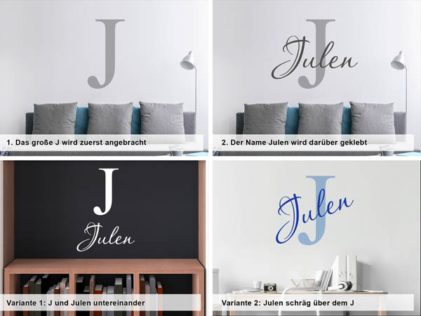 Verschiedene Anordnungen des Wandtattoos Julen