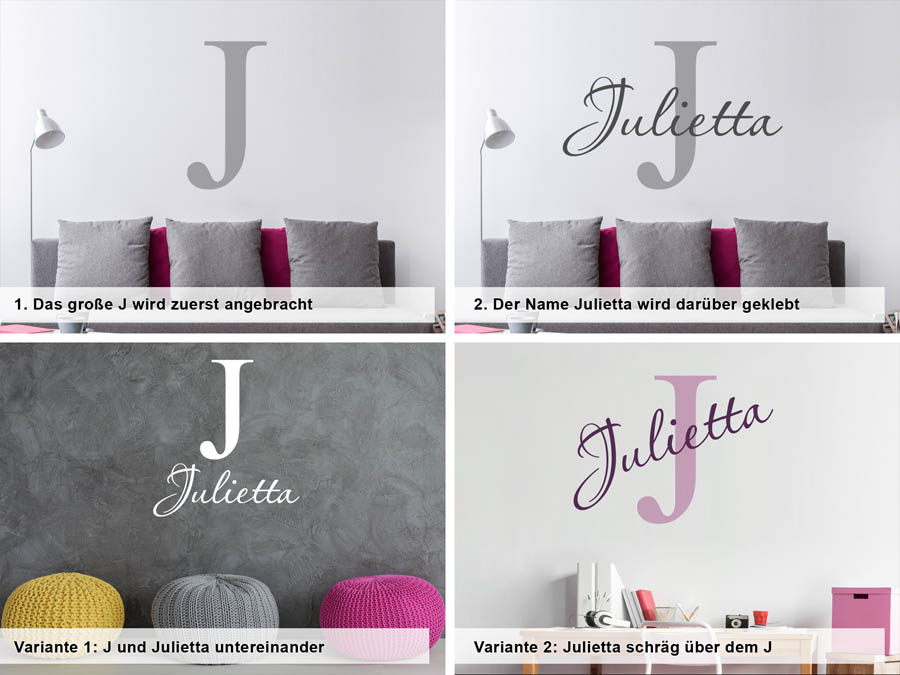 Verschiedene Anordnungen des Wandtattoos Julietta