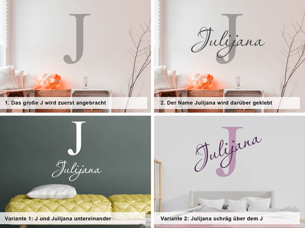 Verschiedene Anordnungen des Wandtattoos Julijana