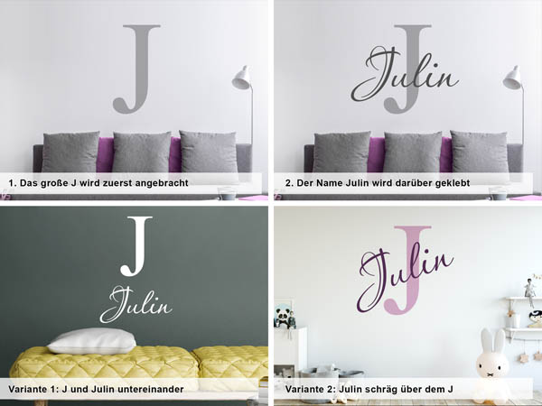 Verschiedene Anordnungen des Wandtattoos Julin