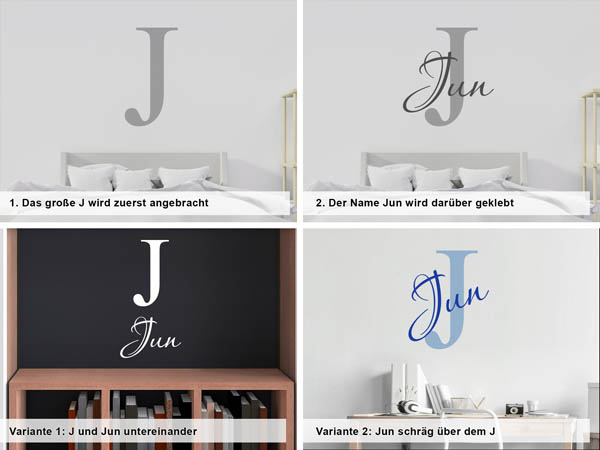 Verschiedene Anordnungen des Wandtattoos Jun