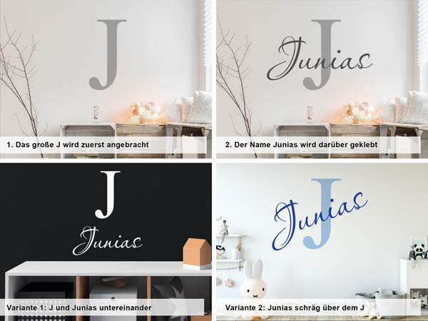 Verschiedene Anordnungen des Wandtattoos Junias