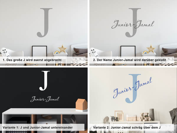 Verschiedene Anordnungen des Wandtattoos Junior-Jamal