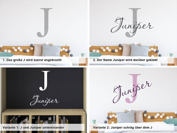 Verschiedene Anordnungen des Wandtattoos Juniper