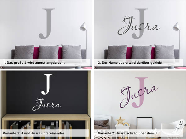 Verschiedene Anordnungen des Wandtattoos Jusra