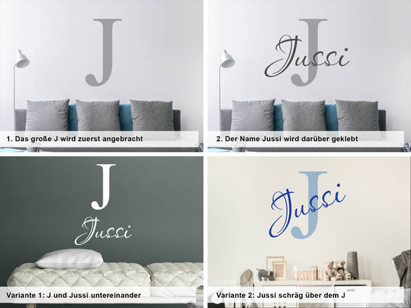Verschiedene Anordnungen des Wandtattoos Jussi