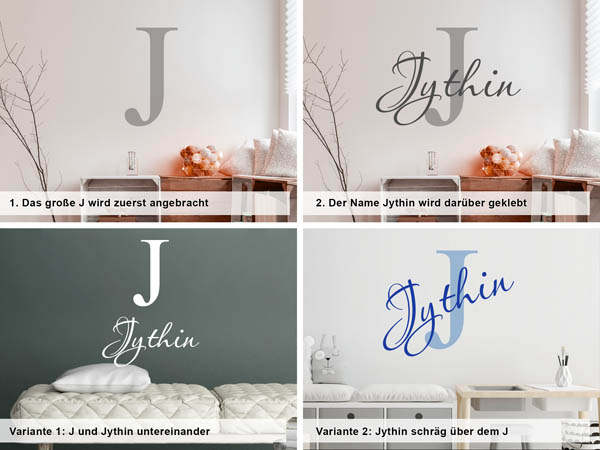 Verschiedene Anordnungen des Wandtattoos Jythin