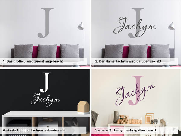 Verschiedene Anordnungen des Wandtattoos Jáchym