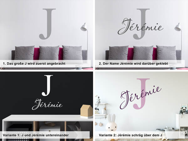 Verschiedene Anordnungen des Wandtattoos Jérémie