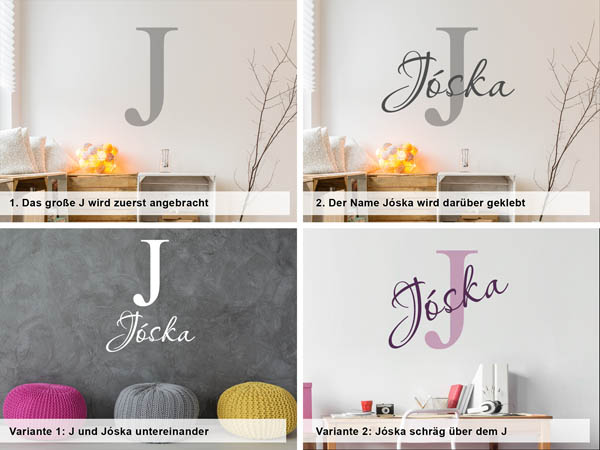 Verschiedene Anordnungen des Wandtattoos Jóska