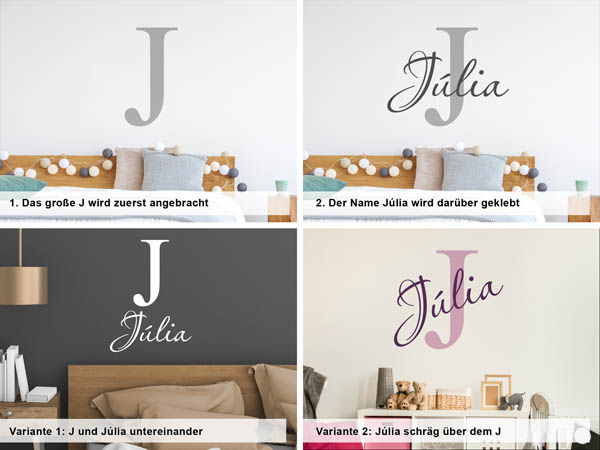 Verschiedene Anordnungen des Wandtattoos Júlia