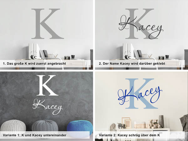 Verschiedene Anordnungen des Wandtattoos Kacey