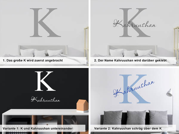 Verschiedene Anordnungen des Wandtattoos Kahruushan