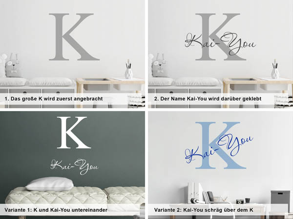 Verschiedene Anordnungen des Wandtattoos Kai-You