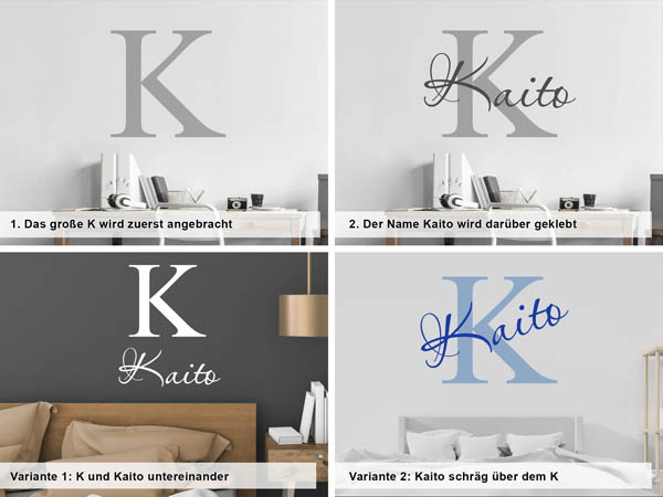 Verschiedene Anordnungen des Wandtattoos Kaito