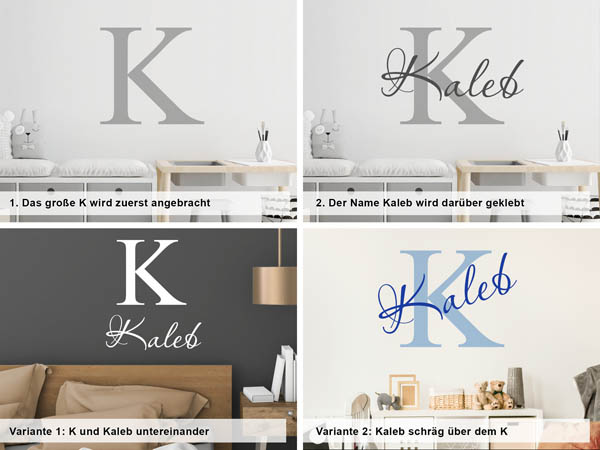 Verschiedene Anordnungen des Wandtattoos Kaleb