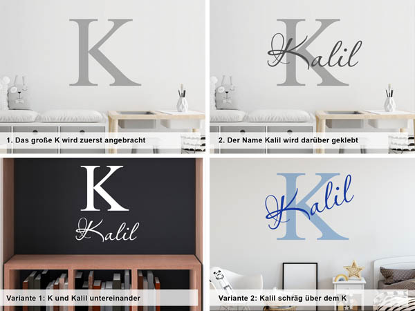 Verschiedene Anordnungen des Wandtattoos Kalil